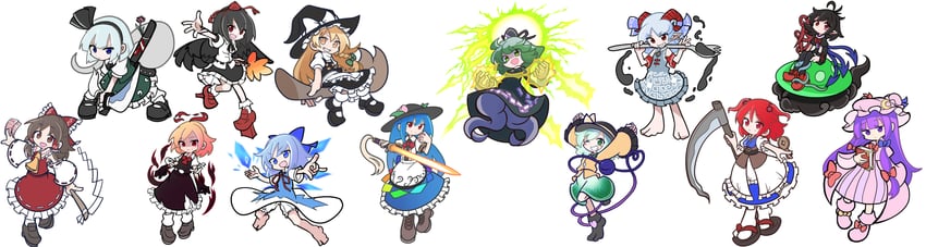 hakurei reimu, kirisame marisa, komeiji koishi, konpaku youmu, cirno, and 9 more (touhou and 1 more) drawn by shinmon_akika