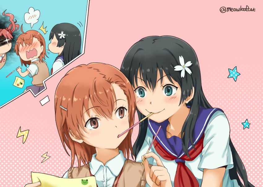 misaka mikoto, shirai kuroko, saten ruiko, and gekota (toaru majutsu no index and 1 more) drawn by ha_neko