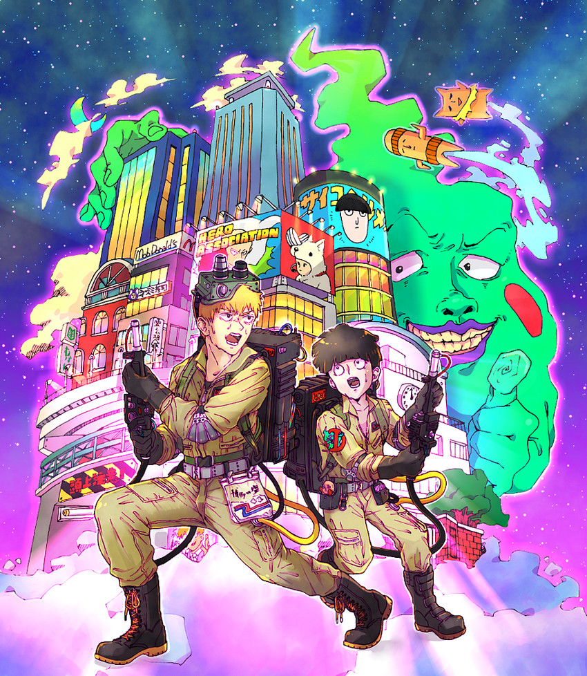saitama, kageyama shigeo, reigen arataka, ekubo, and bankenman (one-punch man and 2 more) drawn by kirin_(giraffe69)