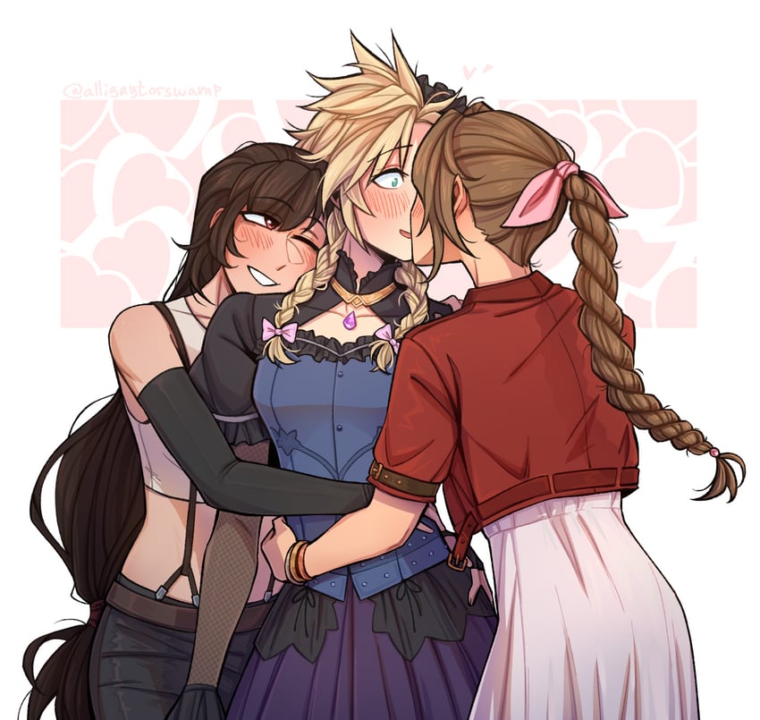 tifa lockhart, cloud strife, and aerith gainsborough (final fantasy and 2 more) drawn by alligaytorswamp