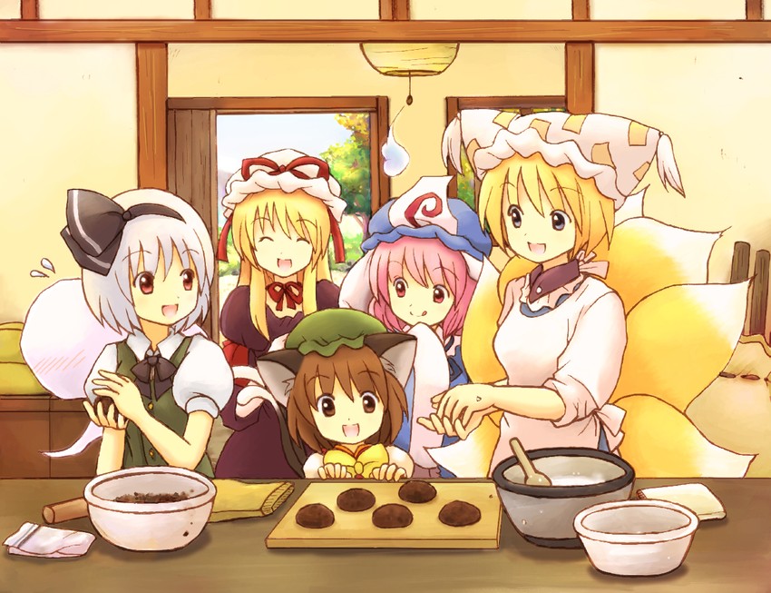 konpaku youmu, yakumo yukari, saigyouji yuyuko, yakumo ran, and chen (touhou) drawn by eijima_moko