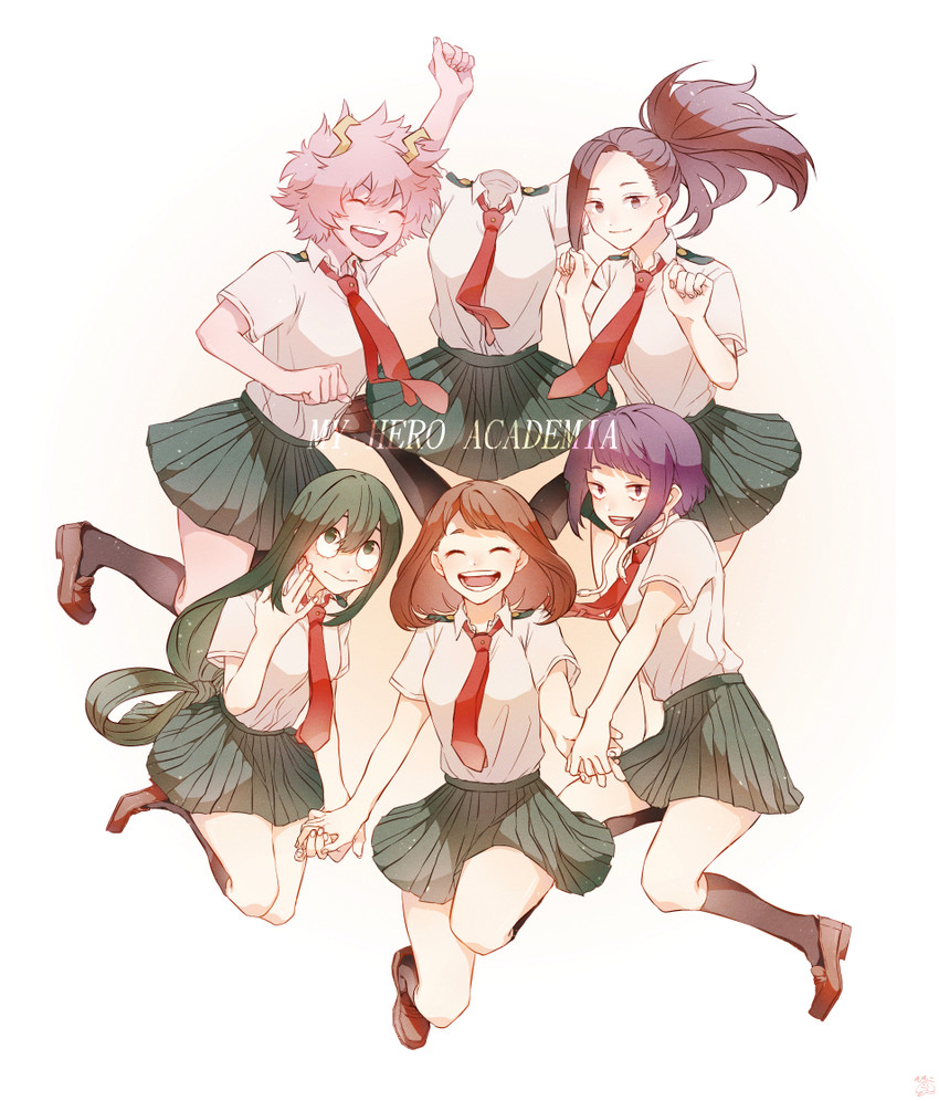 uraraka ochaco, asui tsuyu, yaoyorozu momo, ashido mina, jiro kyoka, and 1 more (boku no hero academia) drawn by achillea