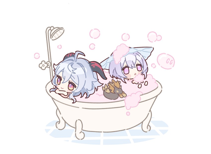 ganyu, qiqi, slime, and rex lapis (genshin impact) drawn by honeymilk0252