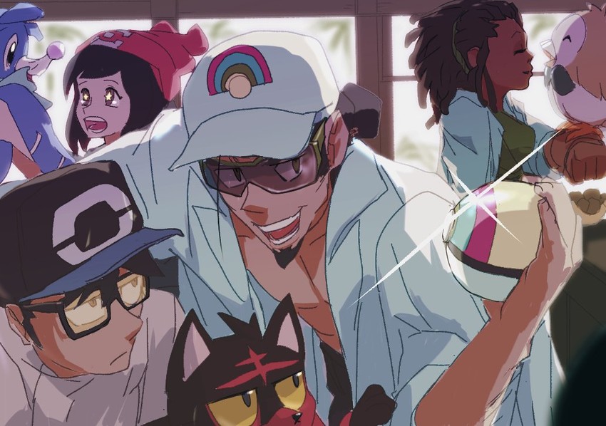 selene, rowlet, elio, popplio, litten, and 1 more (pokemon and 1 more) drawn by layeyes