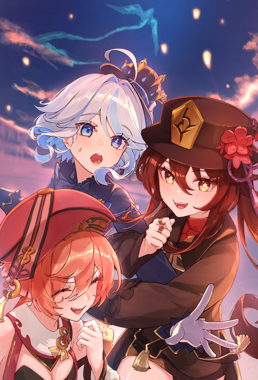 hu tao, furina, and yanfei (genshin impact) drawn by imasaki_kei