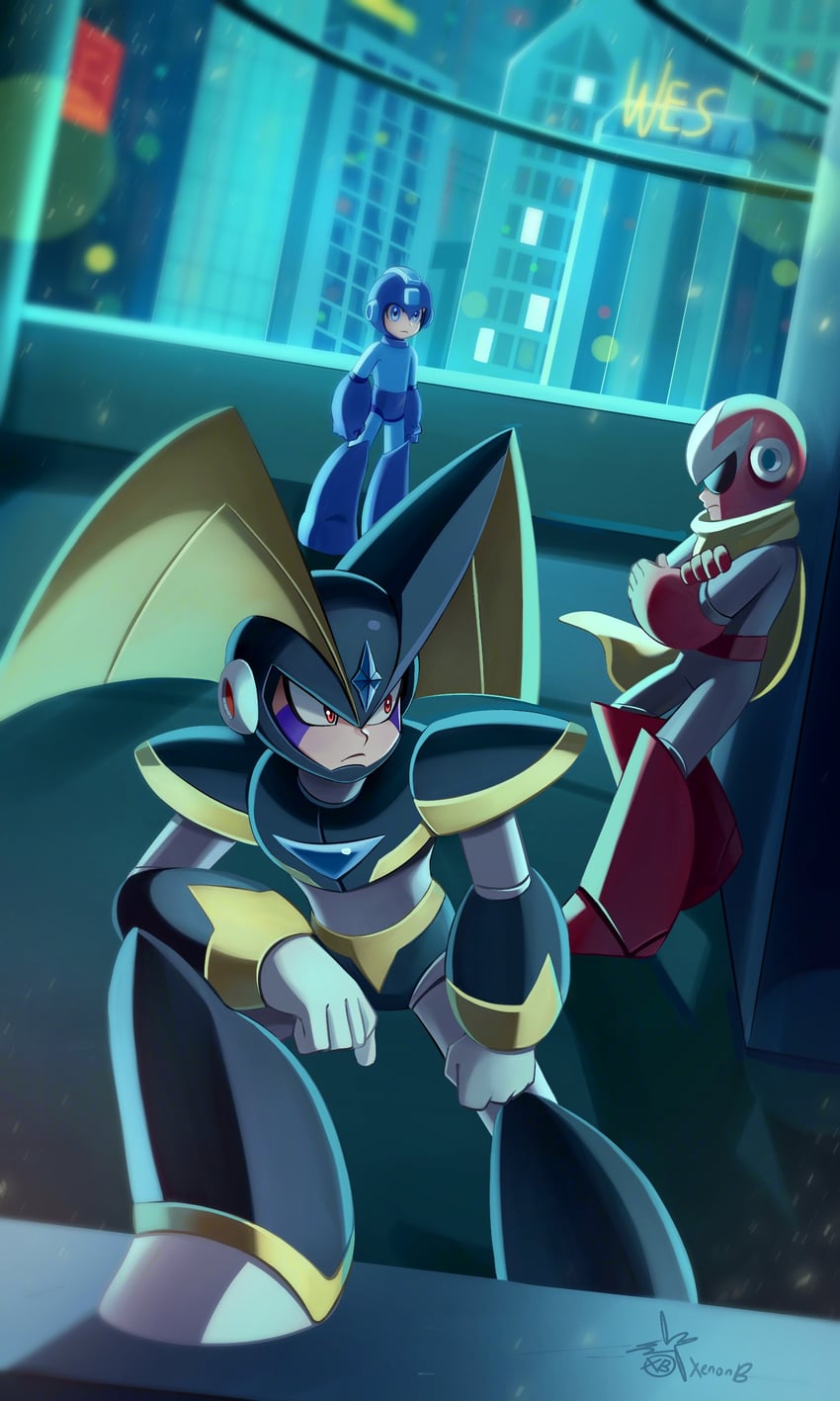 mega man, proto man, and bass (mega man) drawn by xenon_(xenonb)