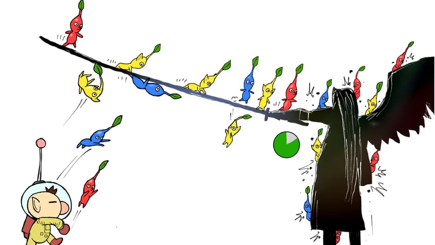 sephiroth, red pikmin, olimar, yellow pikmin, and blue pikmin (final fantasy and 2 more) drawn by rewn