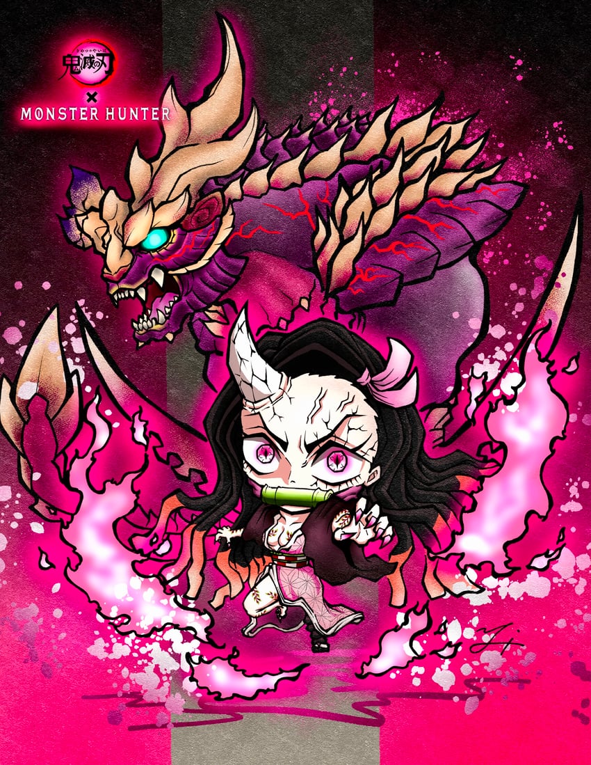 kamado nezuko, magnamalo, and scorned magnamalo (kimetsu no yaiba and 2 more) drawn by deadpool_yuchan