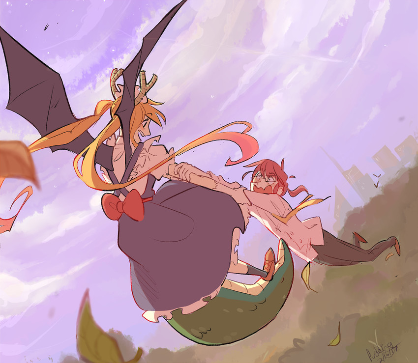 tohru and kobayashi (kobayashi-san chi no maidragon) drawn by puddingdrop