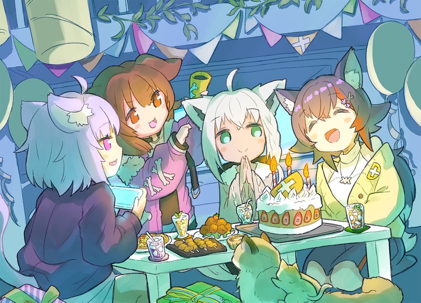 shirakami fubuki, nekomata okayu, ookami mio, inugami korone, taiga, and 1 more (hololive) drawn by yunra665