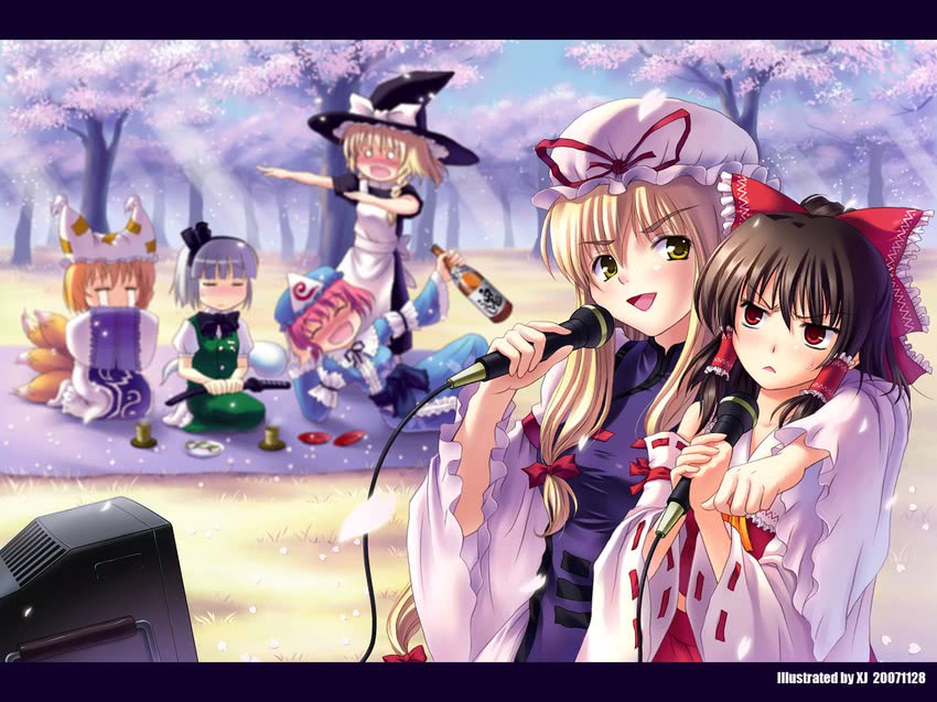 hakurei reimu, kirisame marisa, konpaku youmu, yakumo yukari, saigyouji yuyuko, and 1 more (touhou) drawn by xiaojing
