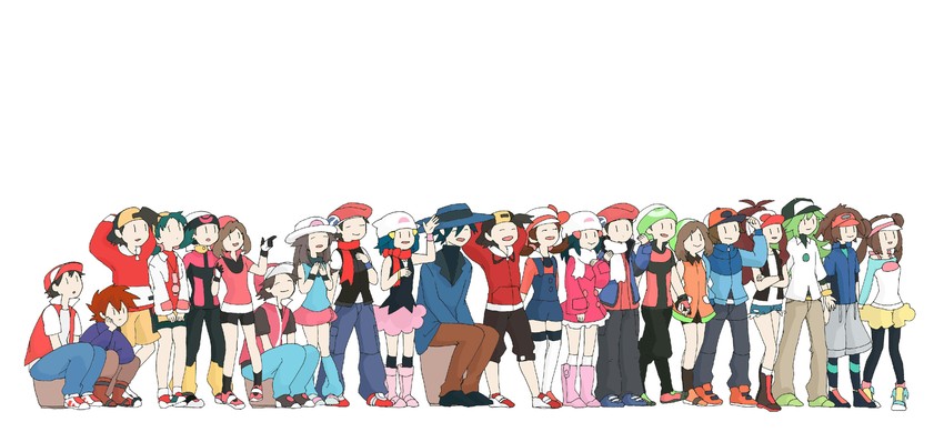 dawn, may, rosa, hilda, red, and 12 more (pokemon and 8 more) drawn by sowako_(sowakoo)
