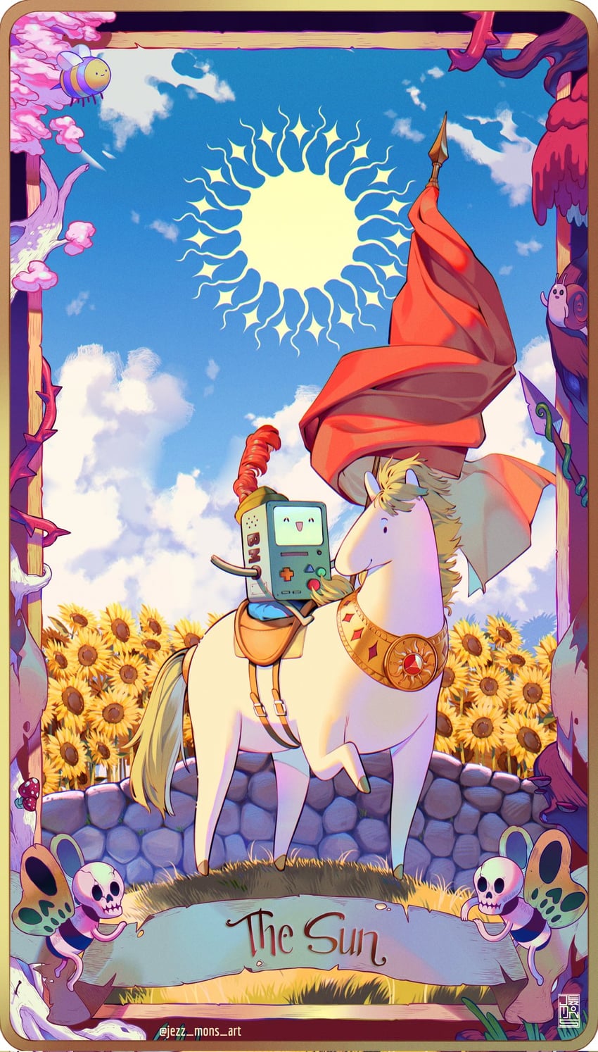 bmo, snail, and skeleton butterfly (adventure time) drawn by jezz_mons_art