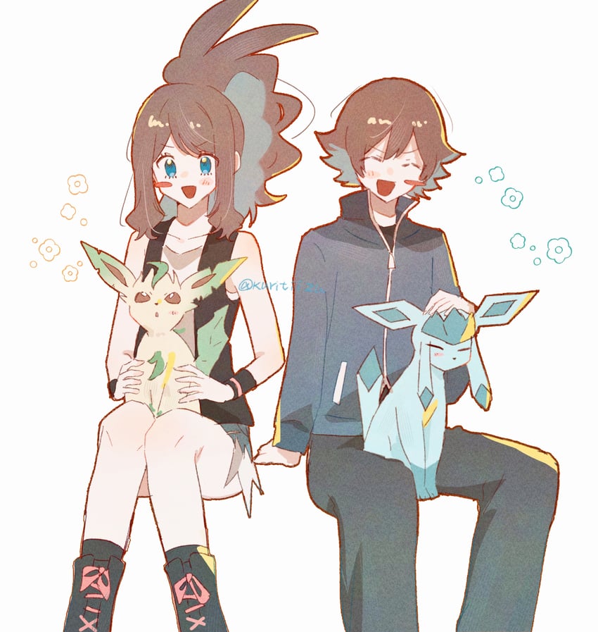 hilda, hilbert, glaceon, and leafeon (pokemon and 1 more) drawn by kuritiizu