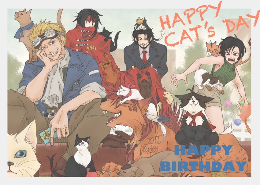 yuffie kisaragi, vincent valentine, red xiii, cait sith, cid highwind, and 1 more (final fantasy and 1 more) drawn by msa_mne