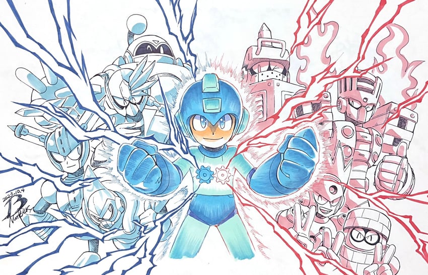 mega man, fuse man, tundra man, block man, torch man, and 4 more (mega man and 1 more) drawn by pn13ban