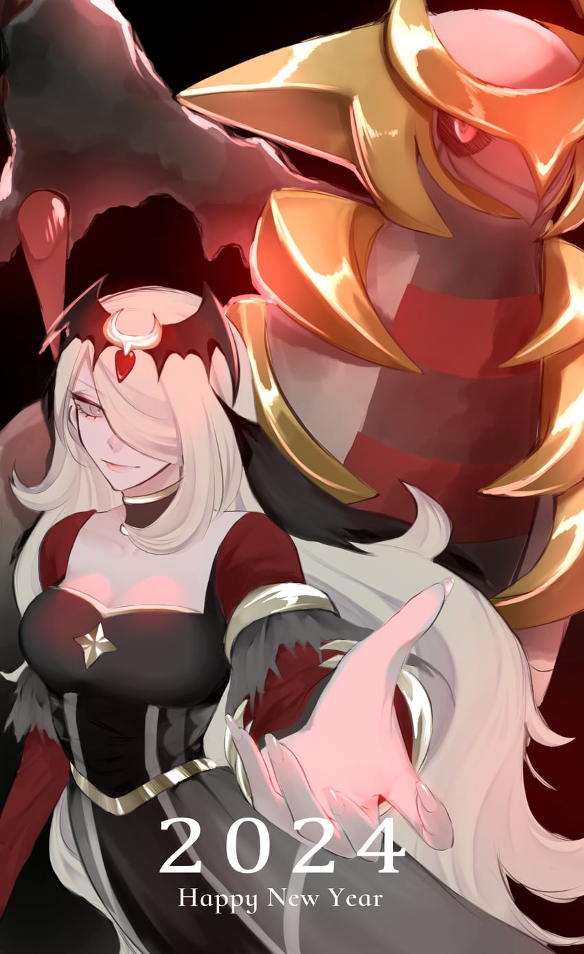 cynthia and giratina (pokemon and 1 more) drawn by amami_shiwo