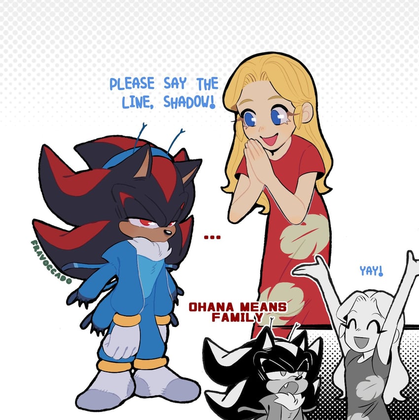 shadow the hedgehog, maria robotnik, stitch, and lilo pelekai (sonic and 1 more) drawn by fravoccado
