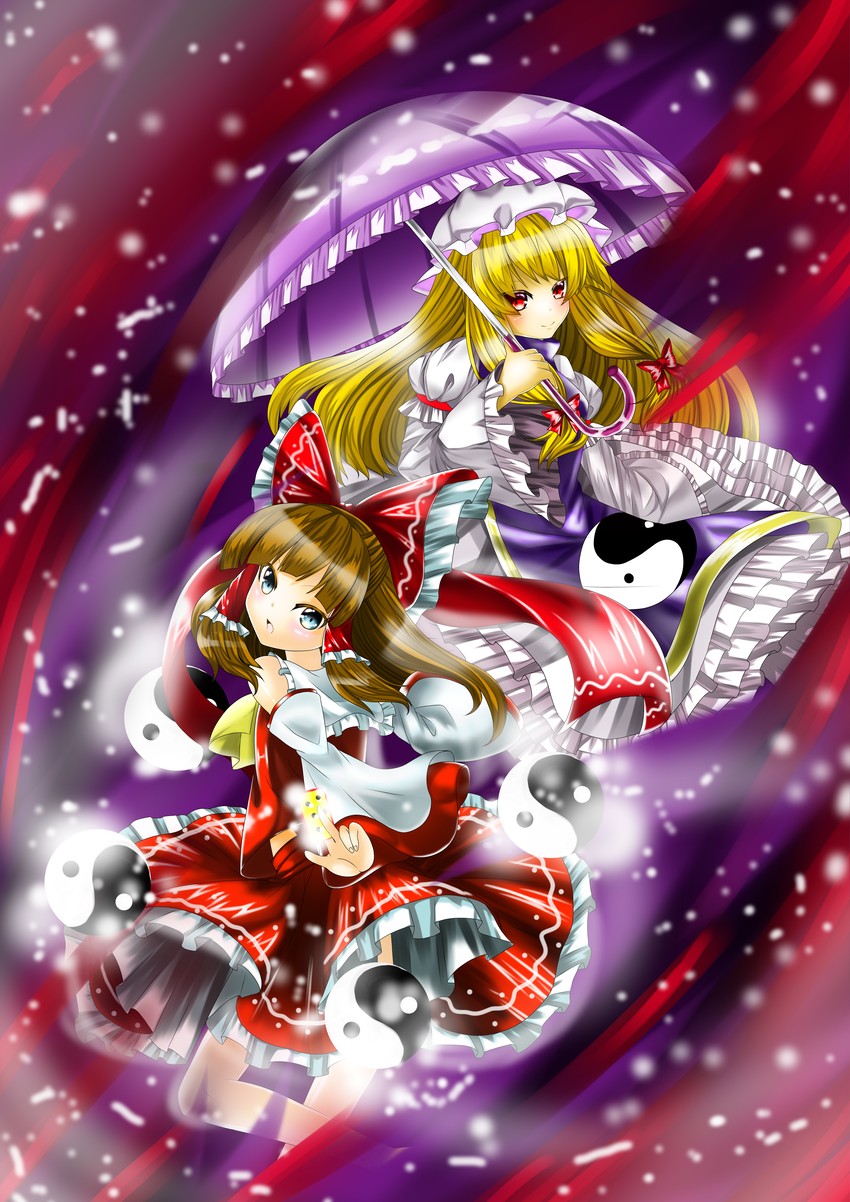 hakurei reimu and yakumo yukari (touhou) drawn by boki_god