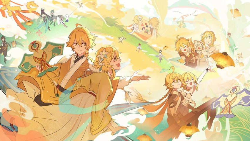 lumine, aether, zhongli, paimon, xiao, and 5 more (genshin impact) drawn by 2134twone