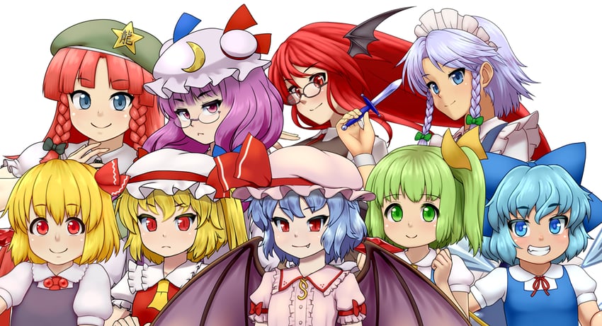 remilia scarlet, flandre scarlet, izayoi sakuya, cirno, patchouli knowledge, and 4 more (touhou and 1 more) drawn by d.koutya