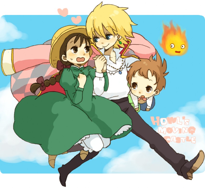howl pendragon, sophie hatter, calcifer, and markl (howl no ugoku shiro) drawn by yukke