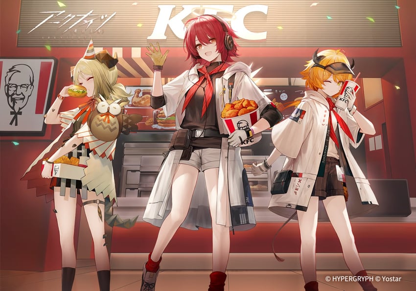 exusiai, ifrit, croissant, and colonel sanders (arknights and 1 more)