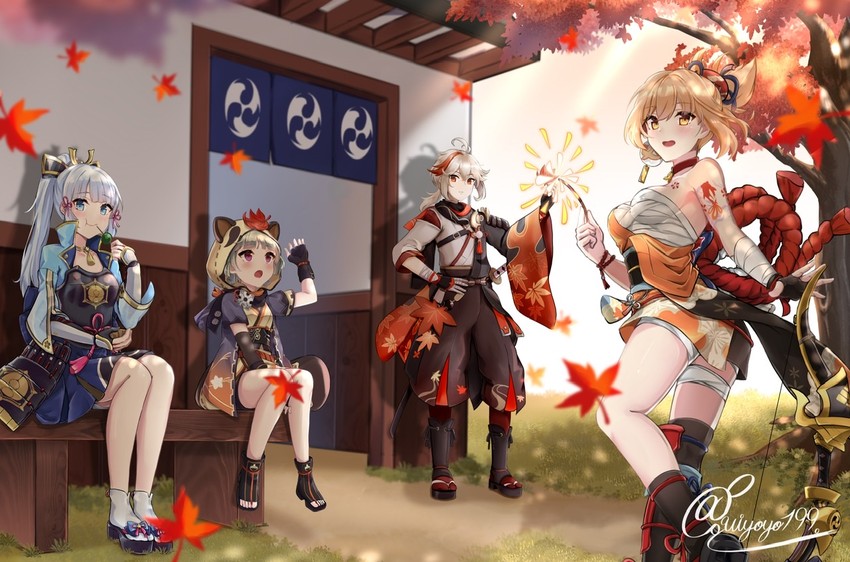 kamisato ayaka, kaedehara kazuha, yoimiya, and sayu (genshin impact) drawn by kouno_(uiyoyo199)