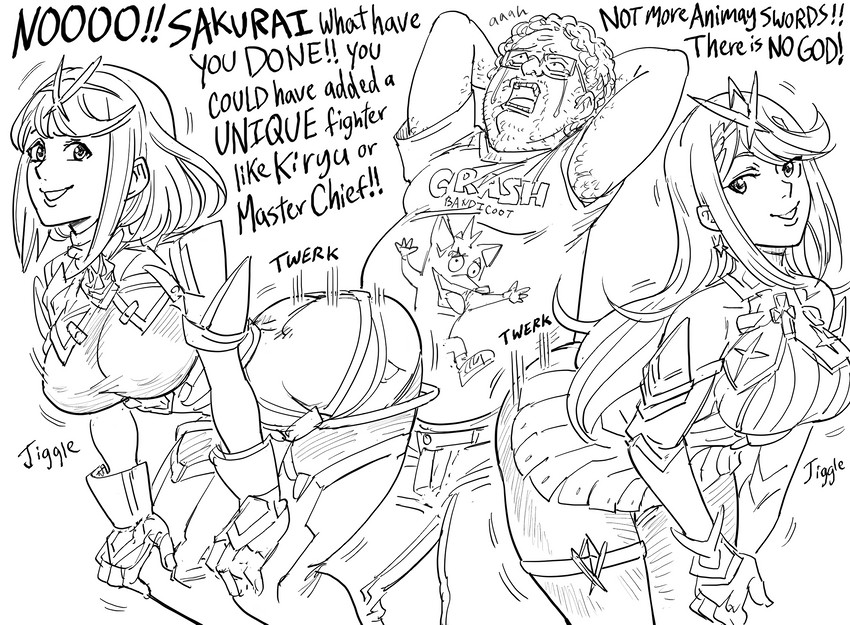 pyra, mythra, and crash bandicoot (xenoblade chronicles and 4 more) drawn by bb_(baalbuddy)