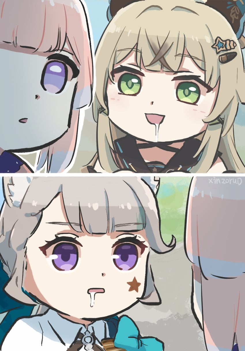 sangonomiya kokomi, lynette, and kirara (genshin impact) drawn by xinzoruo