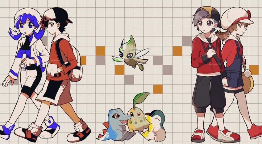 ethan, lyra, kris, cyndaquil, chikorita, and 2 more (pokemon and 2 more) drawn by mikakami1e