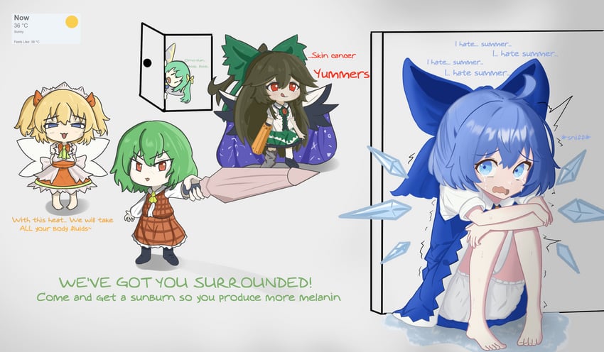 cirno, reiuji utsuho, kazami yuuka, daiyousei, and sunny milk (touhou) drawn by just_hatto