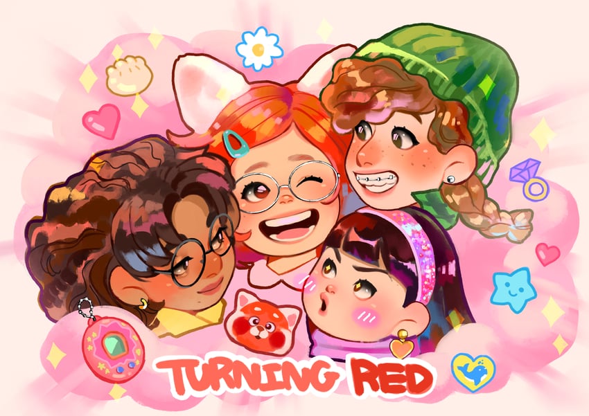 meilin lee, abby, priya, and ming lee (turning red) drawn by pupe_(sennbee1027)