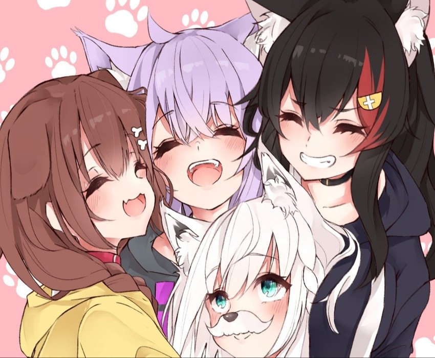 shirakami fubuki, nekomata okayu, ookami mio, and inugami korone (hololive) drawn by techi_(siro-white_0803)