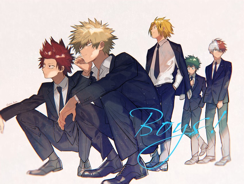 midoriya izuku, bakugou katsuki, todoroki shoto, kirishima eijiro, and kaminari denki (boku no hero academia) drawn by sennen_suisei