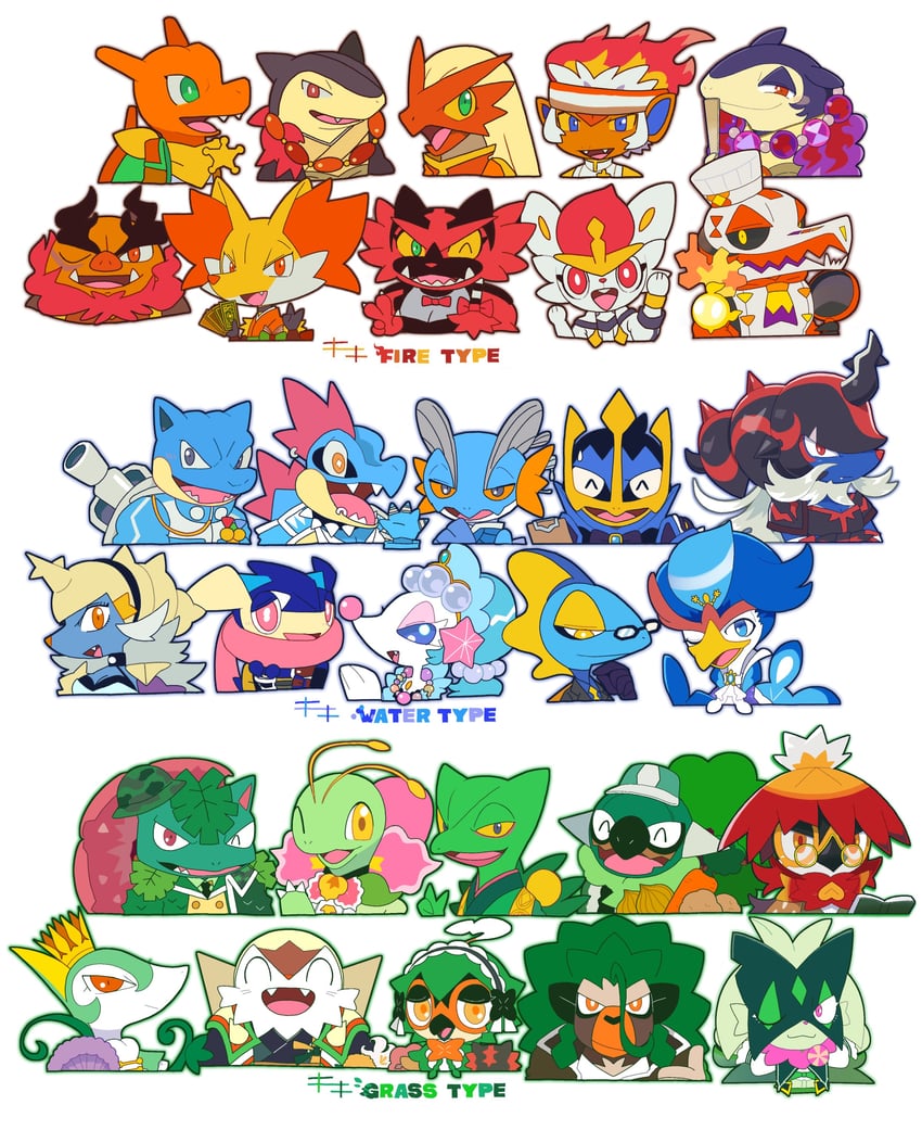 charizard, meowscarada, venusaur, greninja, primarina, and 24 more (pokemon) drawn by kiki_(431642)