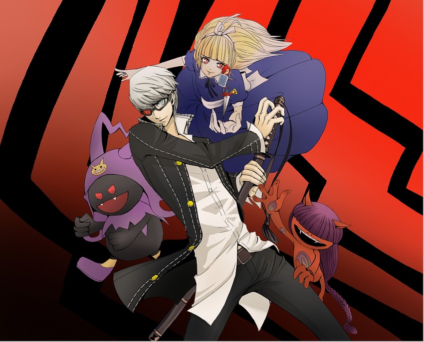 narukami yu, alice, black frost, and obariyon (persona and 3 more) drawn by kaaton
