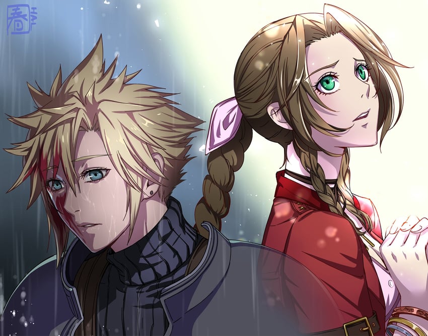 cloud strife and aerith gainsborough (final fantasy and 2 more) drawn by halu-ca