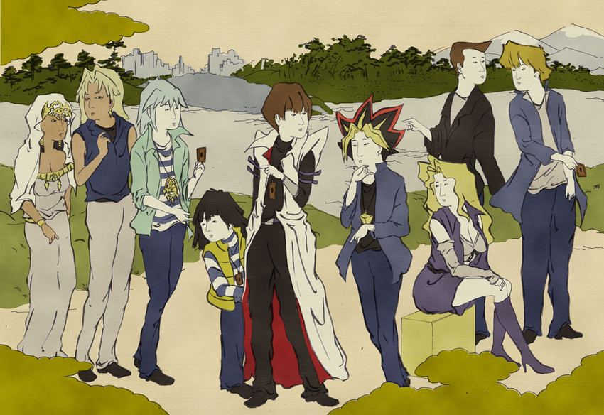 kaiba seto, yami yugi, jonouchi katsuya, kujaku mai, ishizu ishtar, and 4 more (yu-gi-oh! and 1 more) drawn by ukako