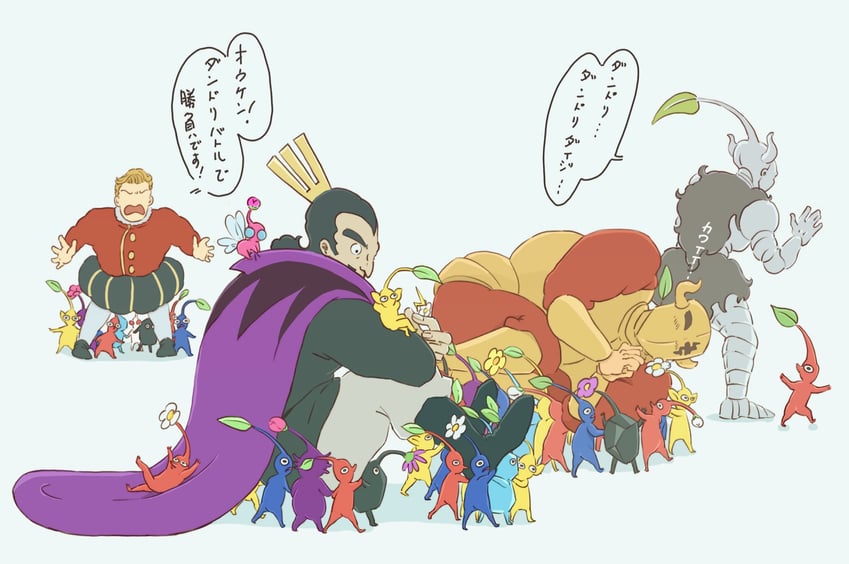 red pikmin, yellow pikmin, blue pikmin, purple pikmin, rock pikmin, and 5 more (pikmin and 1 more) drawn by waataaanaaaaabe
