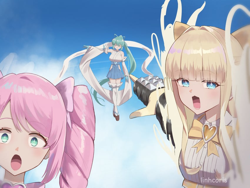 minakami sayo, magia azure, hanabishi haruka, tenkawa kaoruko, magia magenta, and 1 more (mahou shoujo ni akogarete) drawn by linhcoris