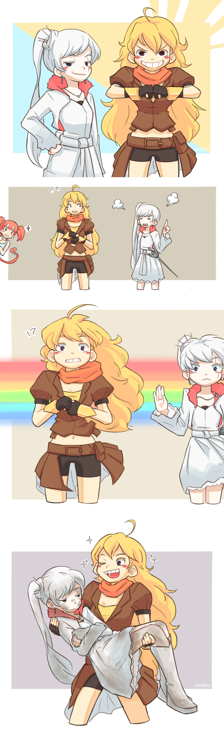 weiss schnee, yang xiao long, and neon katt (rwby) drawn by friedbun