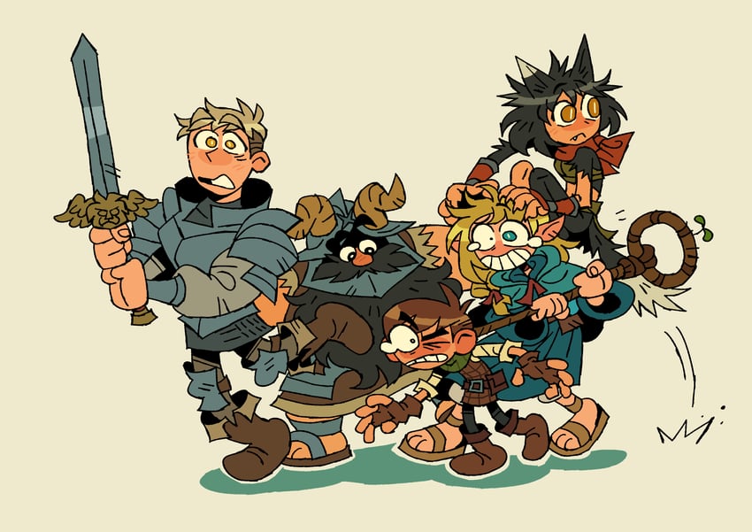 marcille donato, laios touden, senshi, chilchuck tims, izutsumi, and 1 more (dungeon meshi) drawn by boiledlemon