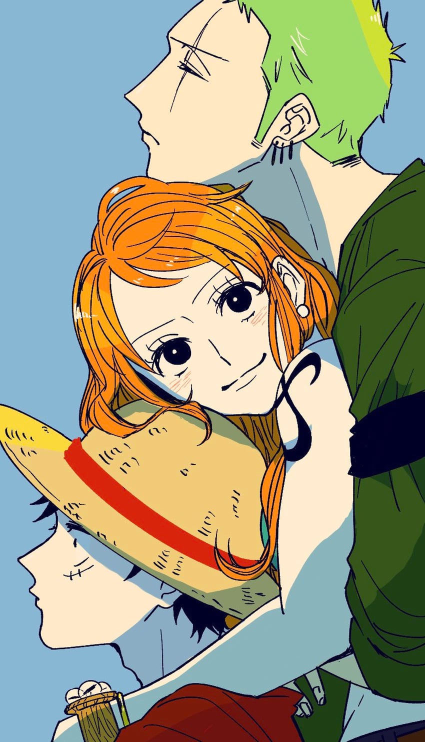 nami, monkey d. luffy, and roronoa zoro (one piece) drawn by namisan_sukida