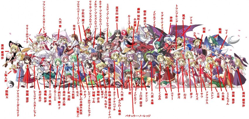 hakurei reimu, kirisame marisa, remilia scarlet, flandre scarlet, izayoi sakuya, and 60 more (touhou) drawn by toto_nemigi