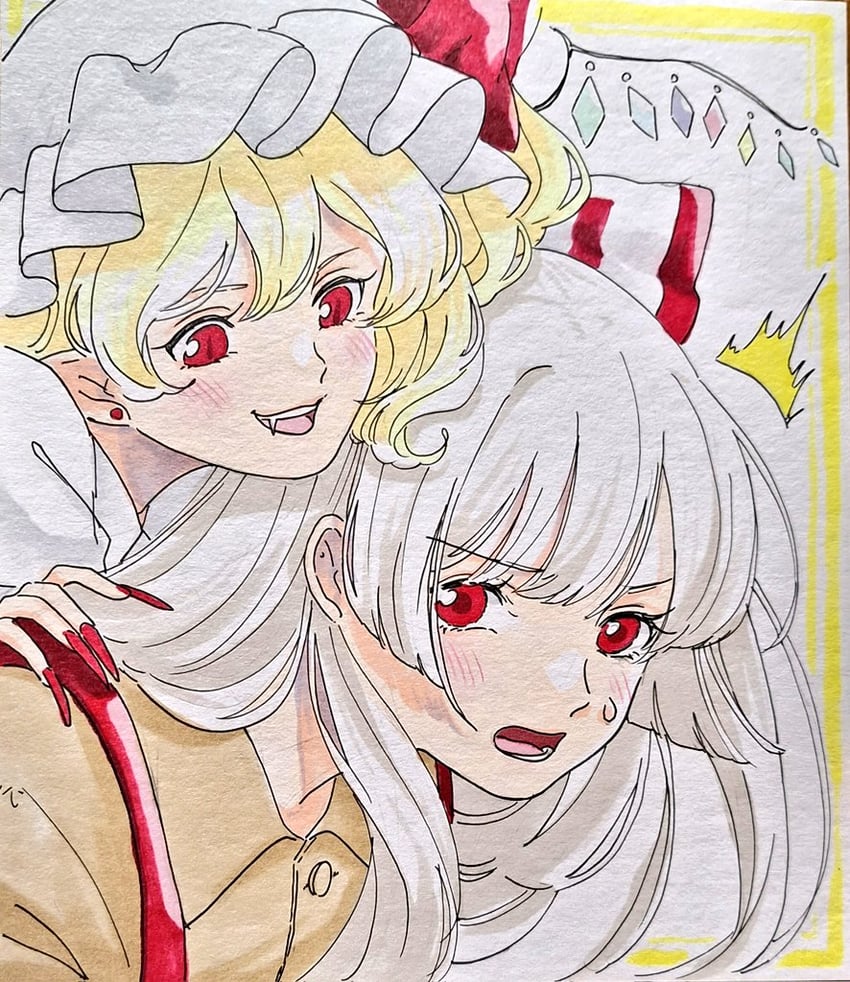 flandre scarlet and fujiwara no mokou (touhou) drawn by mokoiscat