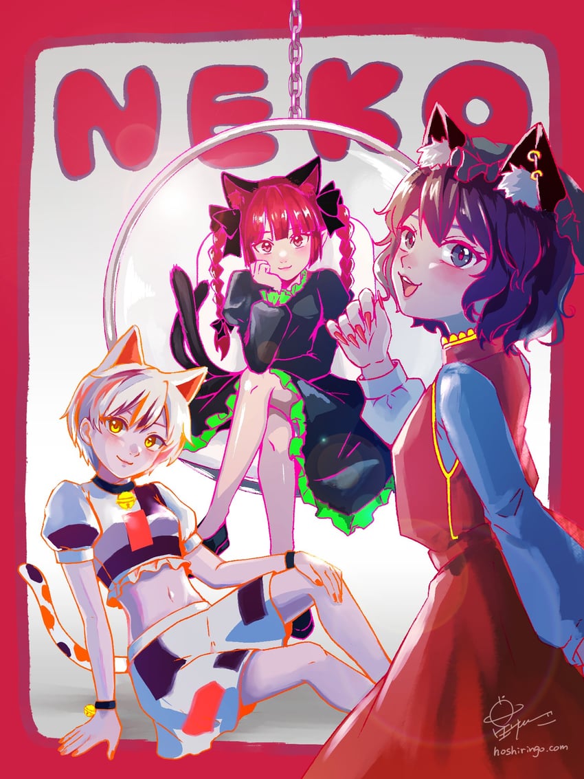 kaenbyou rin, chen, and goutokuji mike (touhou) drawn by hoshiringo0902