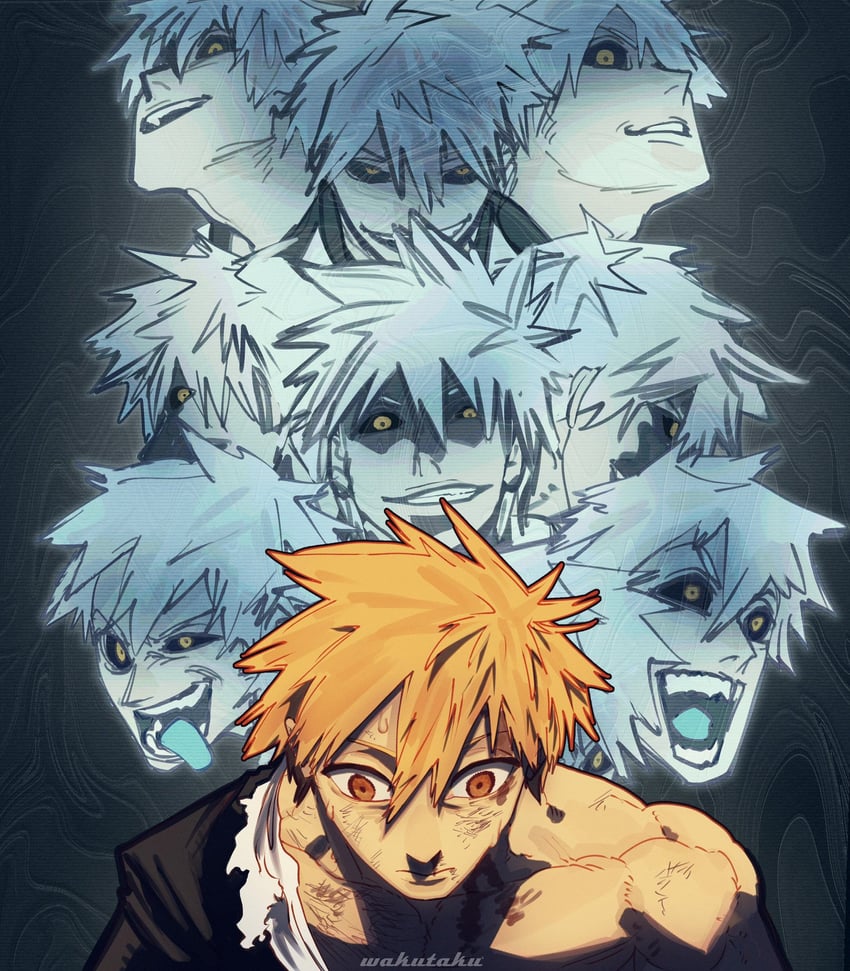 kurosaki ichigo and hollow ichigo (bleach) drawn by taku_(aywakutakuay)