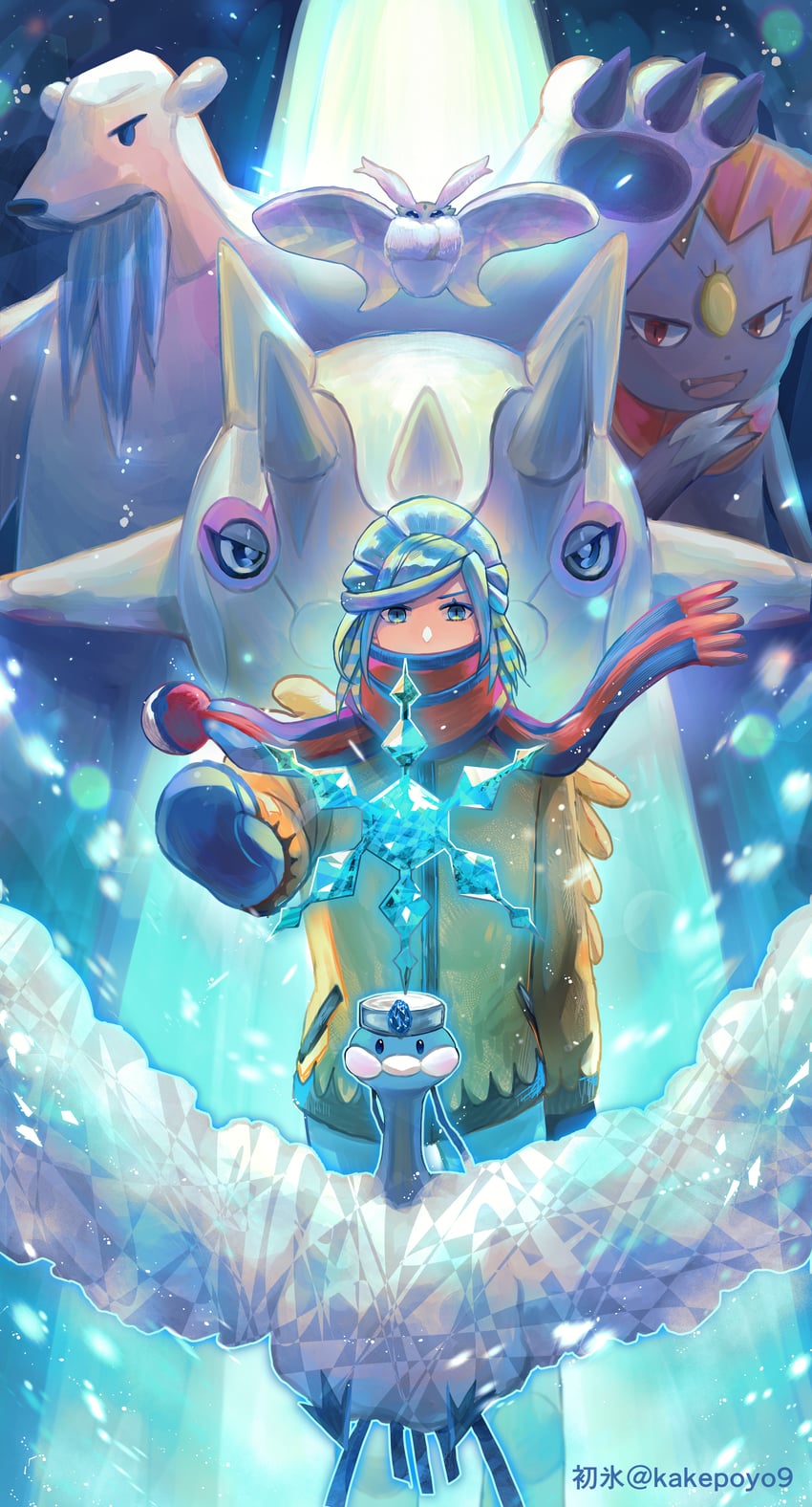 grusha, altaria, weavile, frosmoth, beartic, and 1 more (pokemon and 1 more) drawn by mashiro_(kakepoyo9)