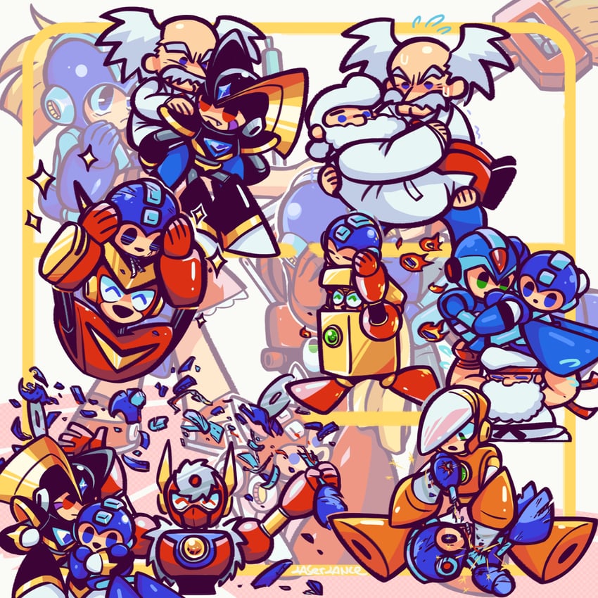 ryu, roll, mega man, proto man, bass, and 8 more (street fighter and 1 more) drawn by laser-lance